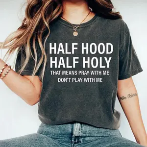 HALF HOOD HALF HOLY Printed Design Unisex Vintage Crew Neck Regular Fit Cotton Fabric Casual Comfort Breathable Short Sleeve Funny T-shirts Fashion Men&Women's Top for Streetwear 010608