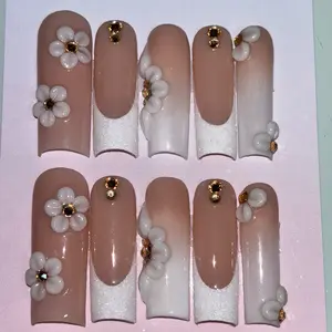 White flower reusable durable press on nails