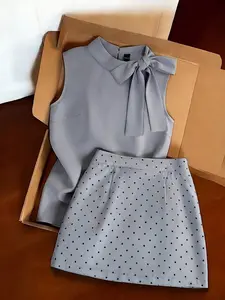 Mature Elegant Light Gray Bow Neck Top + Polka Dot A-Line Skirt Set Slim Fit Age-Reducing Commuter Casual Outfit