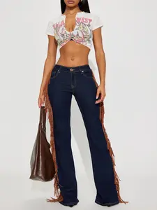 Howdy Girl Low Rise Fringe Flare Jeans - Dark Denim