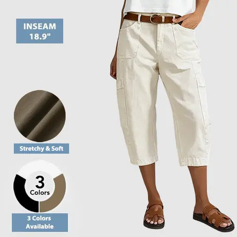Flamingals Patch Pocket Seam Front Mid Rise Straight Leg Capri Pants Womenswear Stretchy 18.9" Inseam