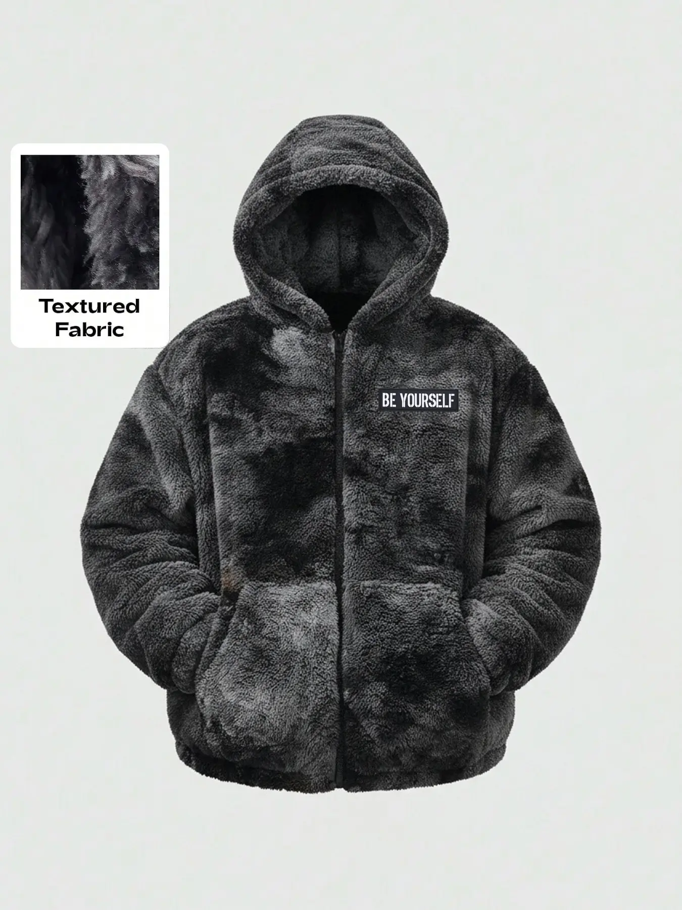 Men's Loose Fleece Lamb Wool Hoodie, Zipper Jacket, Textured Fleece Fabric, Soft, Full Zip Design & Pockets, Comfortable Warm Coat for Winter Casual Wear