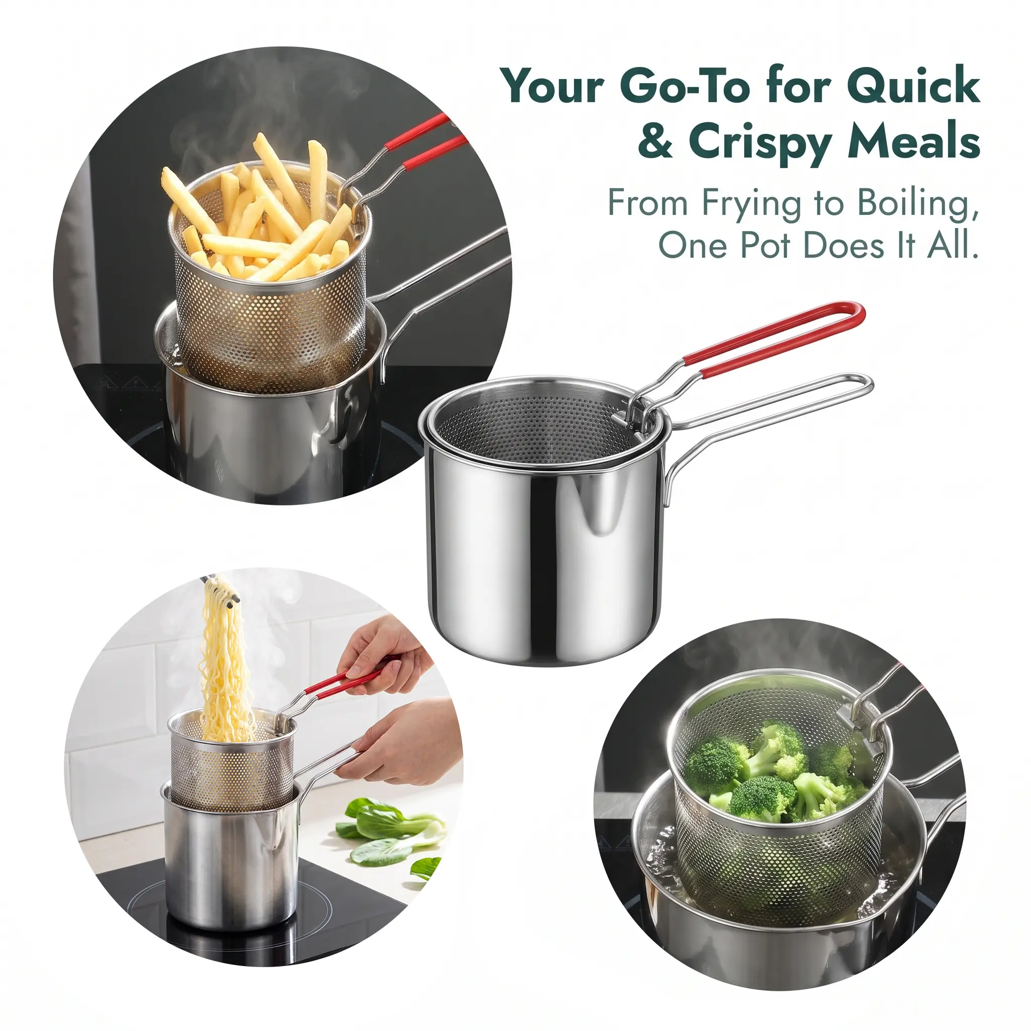 304 Stainless Steel Deep Frying Pot with Mesh Strainer Basket, Long Heat-Resistant Handle – Small Kitchen Cookware for Home Cooking