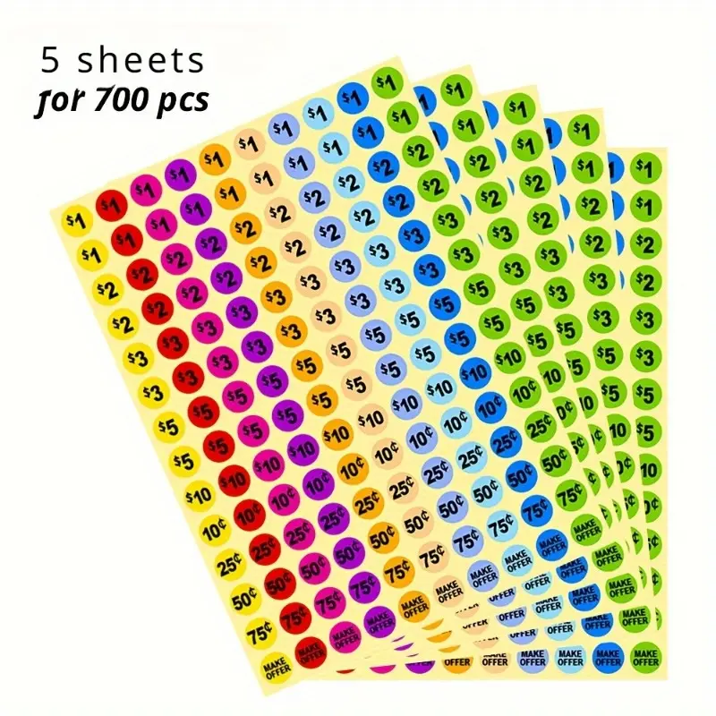 5 sheets 700pcs Pre-Priced Garage Pricing Labels - 3/4" Diameter Flea Market Stickers for Retail - Easy to Use, Time-Saving, and Durable Labels for Pricing and Inventory Management