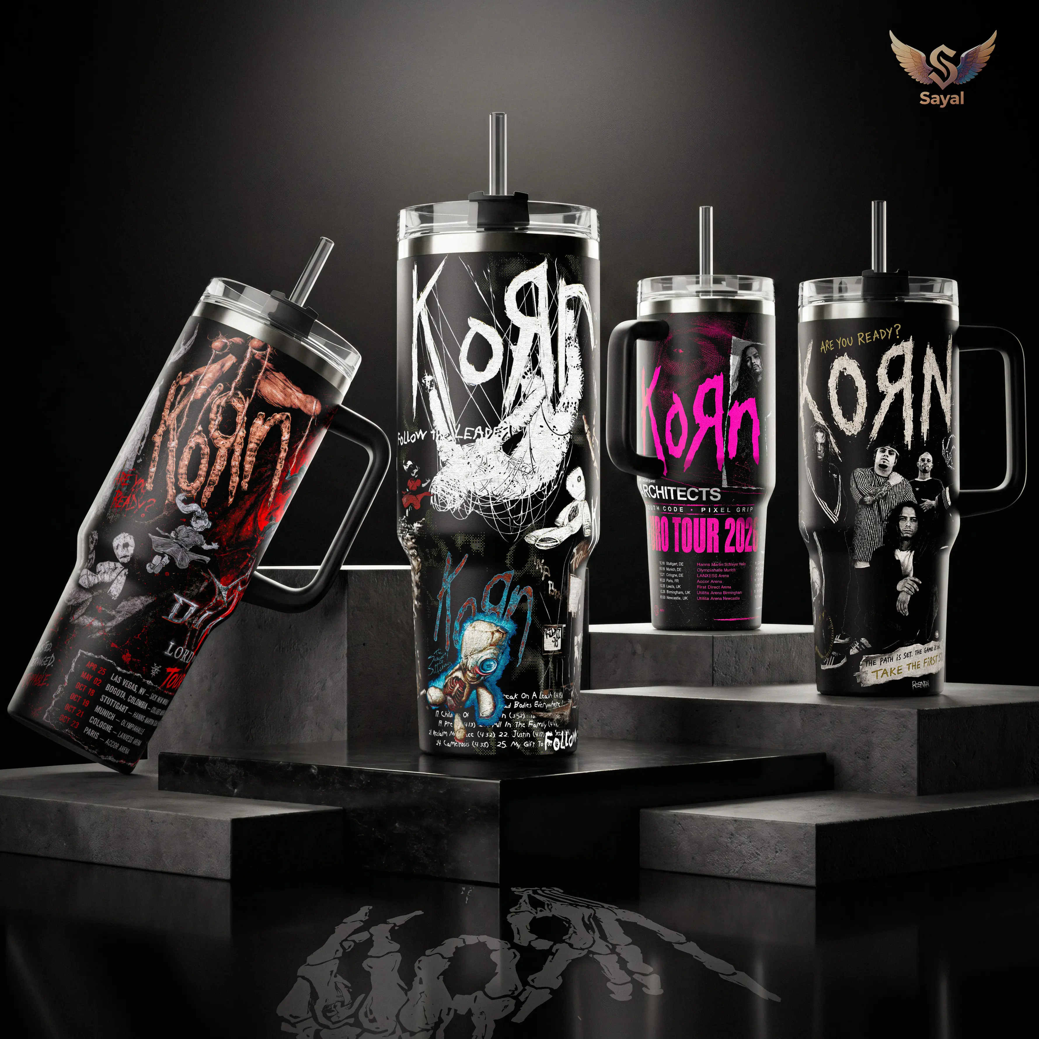 Korn Follow the Leader Architects Tour The Nothing 40 20 oz Vacuum Insulated Tumbler with Handle & Straw White Distressed Band Logo Graphic Keeps Drinks Hot/Cold Stainless Steel Travel Mug for Nu-Metal Fans