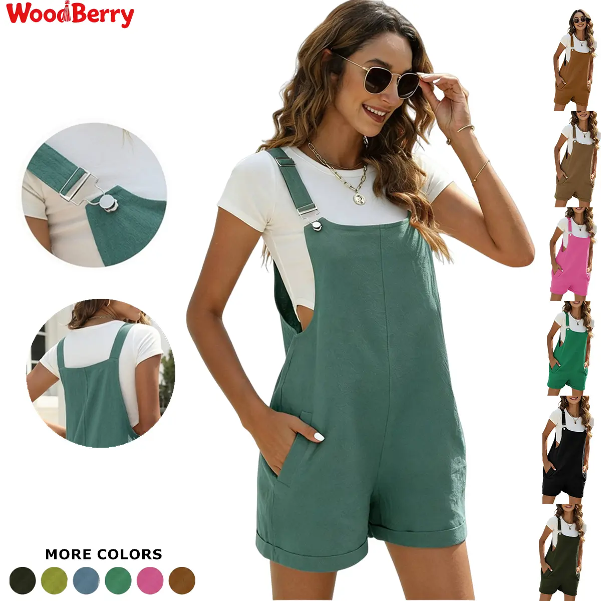 WoodBerry Women's Basic Sleeveless Cotton Linen Short Overalls - Adjustable Bib Straps, Pockets, Casual Resort Wear Rompers for Women, Minimalist Comfortable Womenswear, Breezy Cotton‑Linen