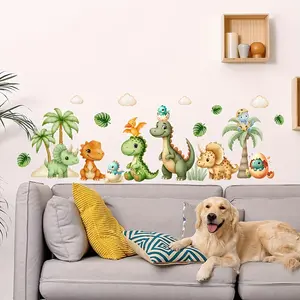 Watercolor Dinosaur Wall Sticker, Palm Tree Volcano Jungle Decor, Bedroom Living Room Home Decoration, Flat Sticker for Wardrobe