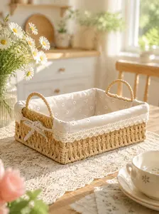 Handwoven Rectangular Large Storage Basket Organiser - Removable Design, Ideal for Remote Controls and Makeup, Stylish Home Organizer for Any Home Corner, Handwoven Storage Basket