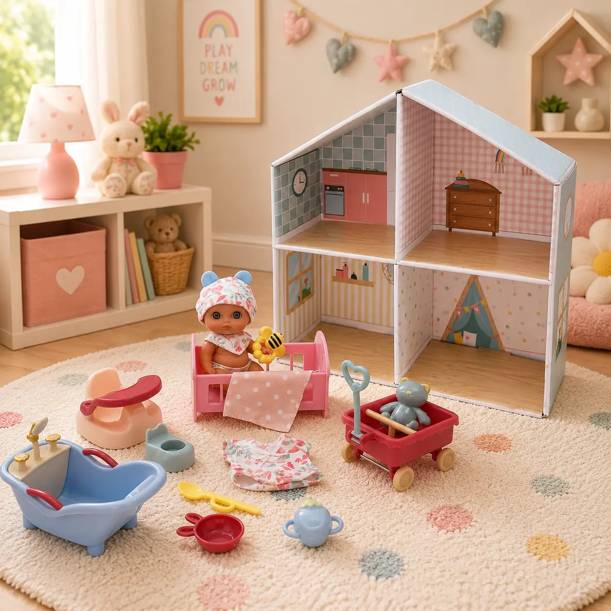 Lil’ Cutesies® 5.5” All Vinyl Baby Doll Playhouse Set – 16 Piece Dollhouse with Furniture & Accessories