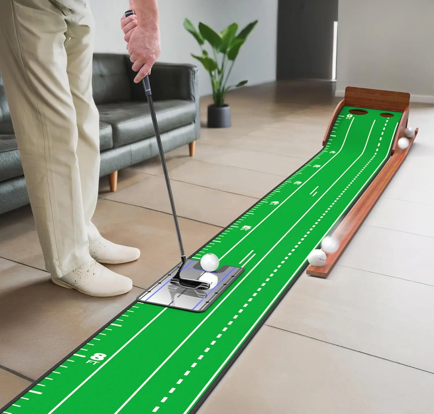 SAPLIZE Portable Golf Putting Mat - Practice Equipment, Training Aids with Bamboo Base, Crystal Velvet Surface, Automatic Ball Return, Alignment Mirror, Dual Holes, Distance Markers for Indoor Use, Golf Practice Equipment, Golf Training Aids