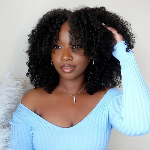 OQ HAIR Afro Curly Glueless V Part Wigs No Leave Out Thin Part Human Hair Wig Beginner Friendly Upgrade U part Wig Without Leave out