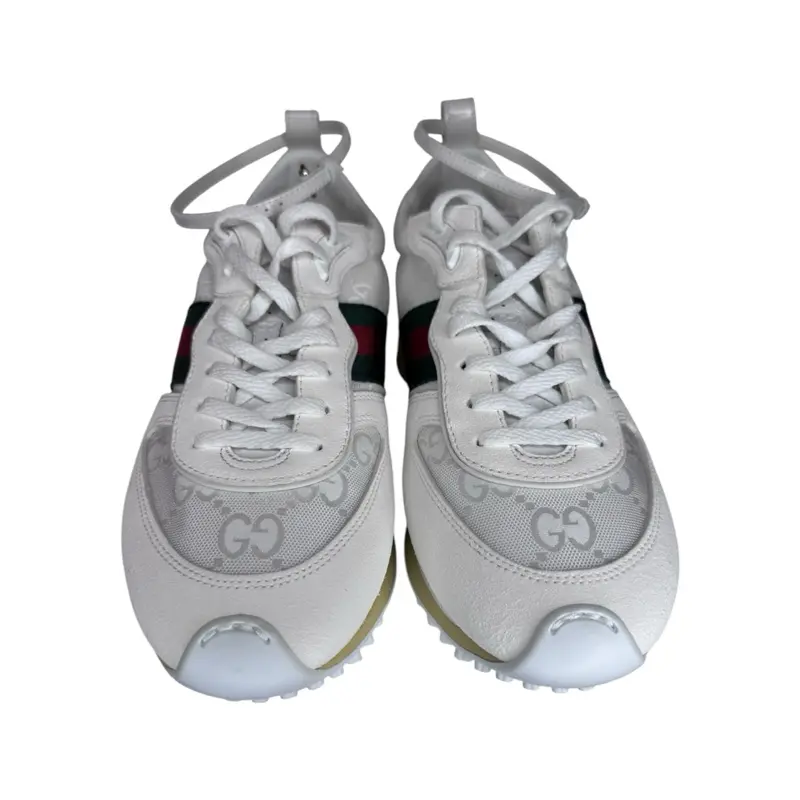 Gucci Re-Motion GG Canvas Sneakers in White Featuring the Gignature Red and Green Web Ankle Strap Size 38- USA 8