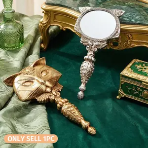 European Vintage Floral Handle Cat Shape Handheld Makeup Mirror, Resin Material, Portable, Home Decor, Gift for Women, Photography Prop