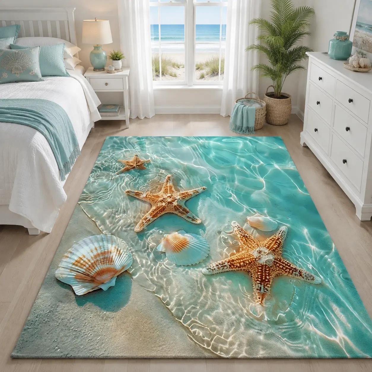 Coastal Ocean House Decor Area Rug - Starfish, Seashell, Coral Print Floor Mat for Living Room, Bedroom