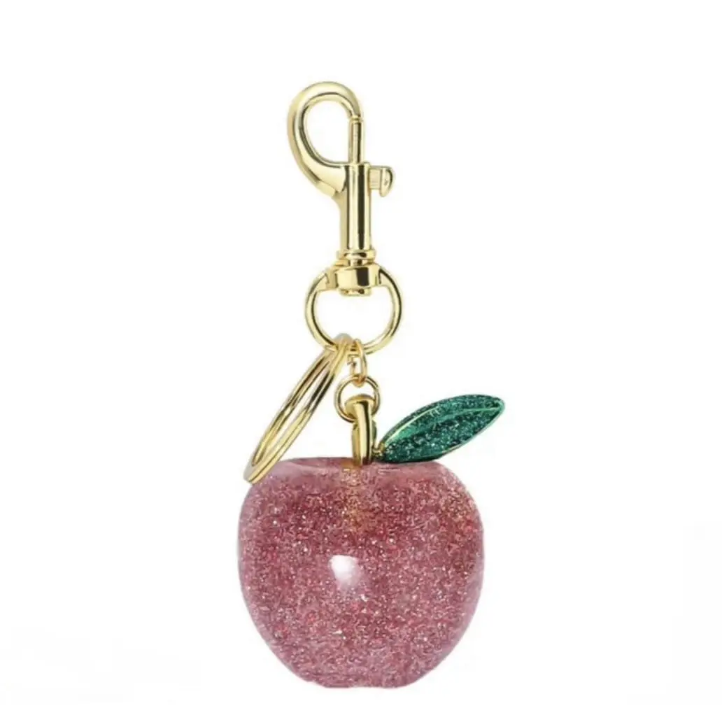 Pink Glitter Apple Charm Keychain with Gold-Tone Hardware