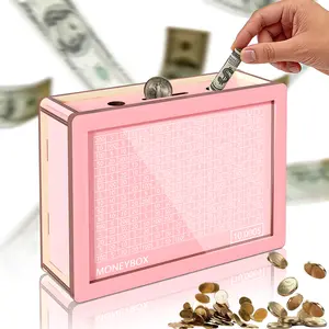 Wooden $10,000 Saving Challenge Box with Counter, 2026 Money Goal Planner, Cash SavingsOrganizer Jar with Pen, Reusable Money Bank Gift for Kids, Teens & Adults,Mother's Day Gift
