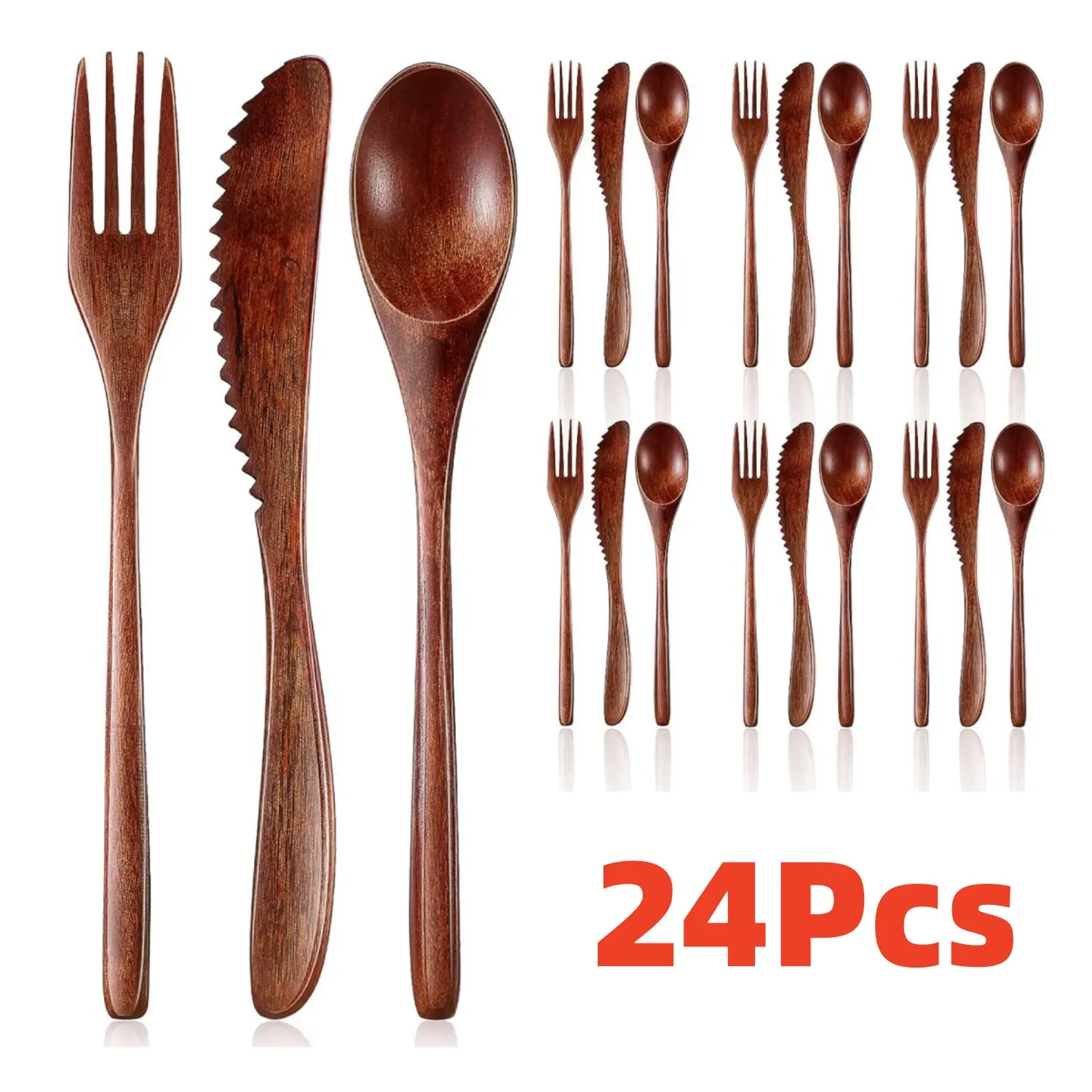 Reusable Wooden Eating Utensils Set - 12-Pcs Spoon, Fork, Knife Cutlery for Kitchen Dinner Tableware, Compact for Travel, Camping, Outdoor Activities, Everyday Home Improvement Supplies