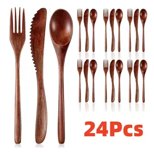 24/12 Pcs Wooden Utensils for Eating Wooden Spoon Fork Knife Cutlery Set Kitchen Wood Dinner Flatware Tableware Set Includes Spoon, Fork, Knife Kitchenware - Home Improvement.