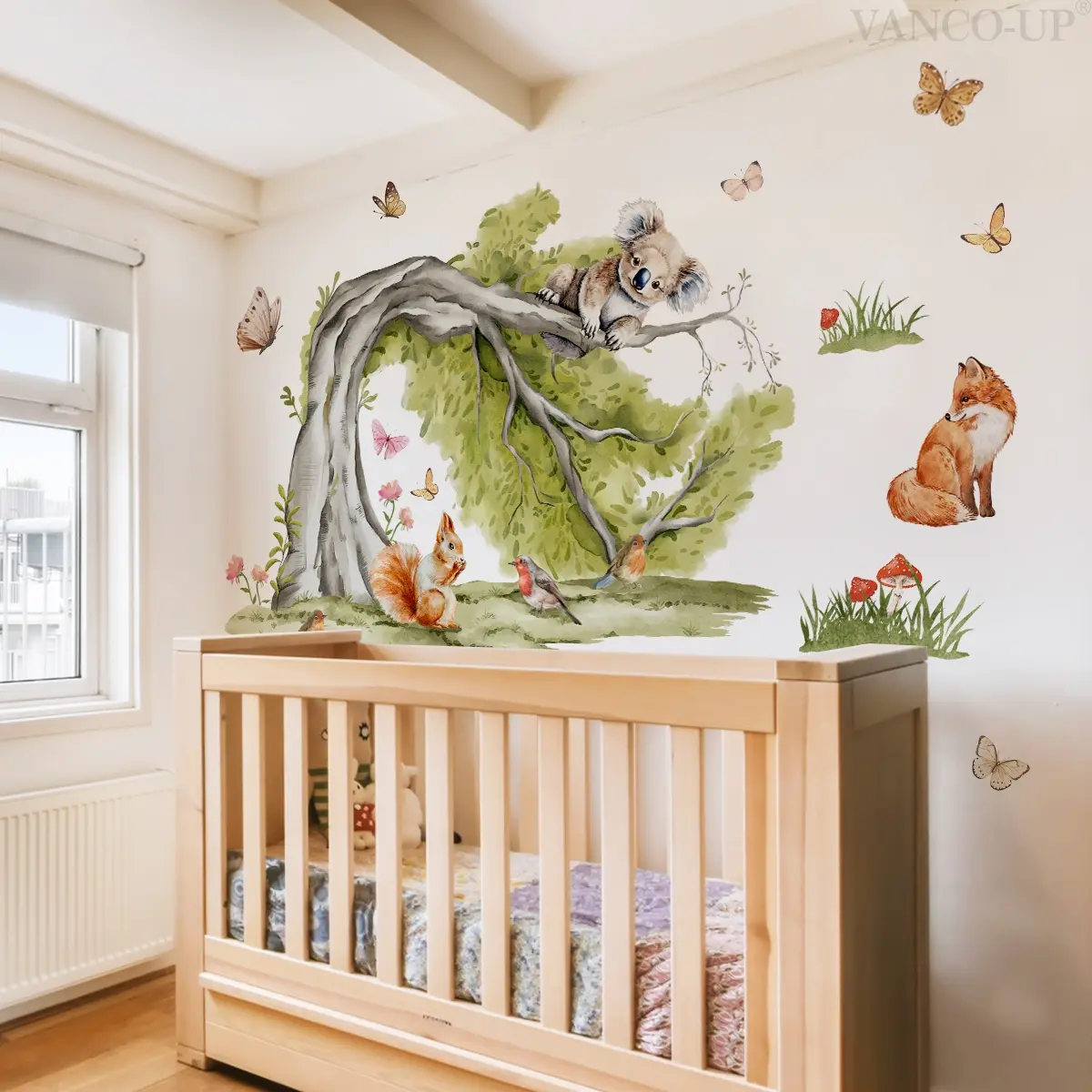 Set of 3 Hand-Drawn Animal Wall Stickers (30x90cm), Tree Fox Koala Decals for Living Room Bedroom Home Decor, Cute Background Decoration