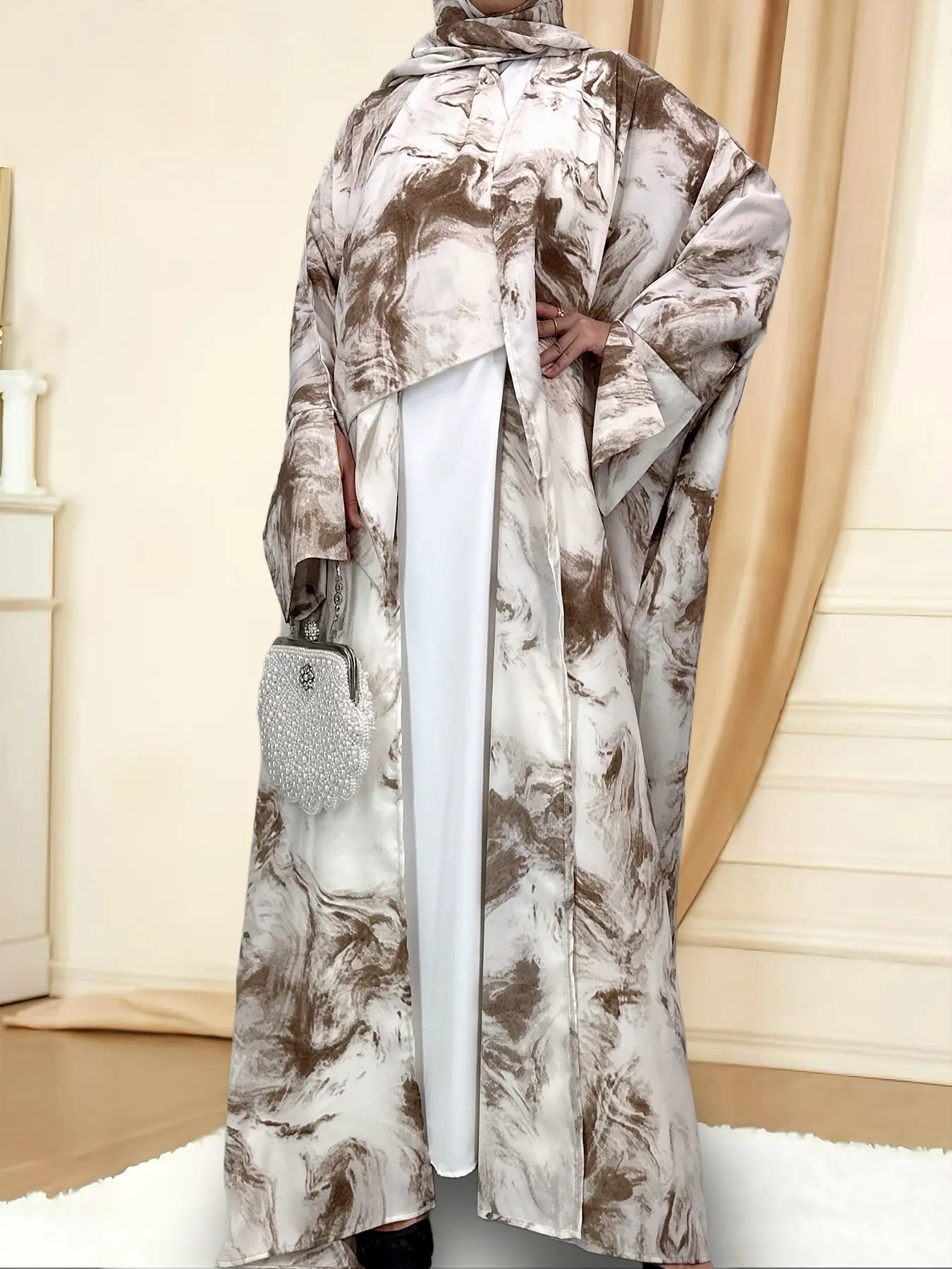 [Includes Hijab Gift] 3 Colour 5 size Women's Art Print Batwing Sleeve Long Robe Cardigan Set, Loose-Fitting Vacation Style with Pockets, Outerwear