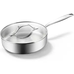 BE LIVING Essential Series 9.5 inch 24 cm Saute Pan with Lid Triply Stainless Steel PFAS-Free Nonstick Induction Compatible Even Heat Distribution