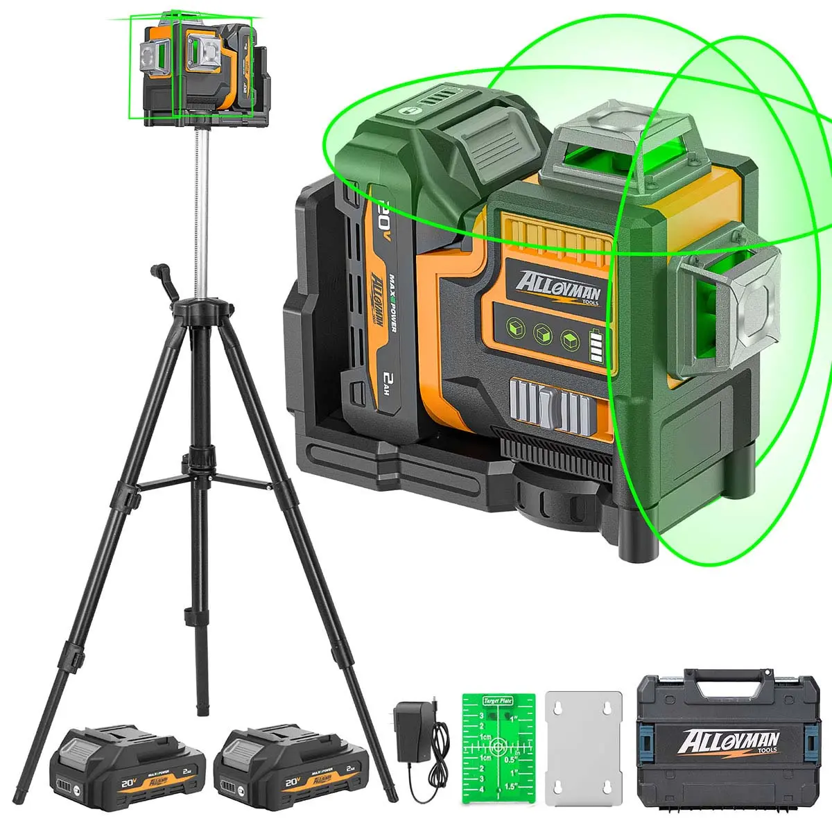 Alloyman Max 20V Laser Level with Tripod, 3x360° Self-Leveling Laser level, 3D Lazer Leveler Tool for Construction, Picture Hanging with Strong Magnetic Bracket & Hard Carry Case, Gifts for Perfect Christmas and New Year Idea