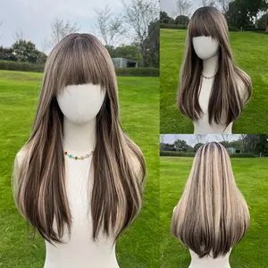 SMILCO/24-inch | Brown Highlight Straight Hair with Bangs Wig | SM1216