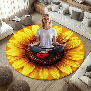 Realistic Sunflower Beetle Print Round Rug, Decorative Area Rug, Flannel Meditation Yoga Mat, Indoor Room Entrance Living Room Decor, Portable Outdoor Rest Pad