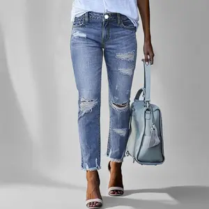 Plus Size Denim Tears for Women, High Waist Elastic 90s Outfits , Frayed Hem & Ripped Design, Vintage Casual Style, Summer Bottoms