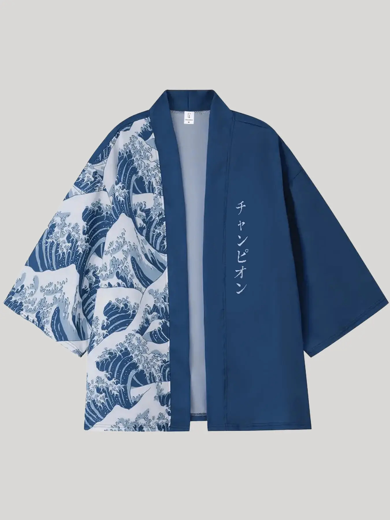 Kanagawa Surf Print Kimono Top, Japanese Style Traditional Loose Fit Shoulder Design, Patchwork Color Block, Daily Commute Everyday Fashion