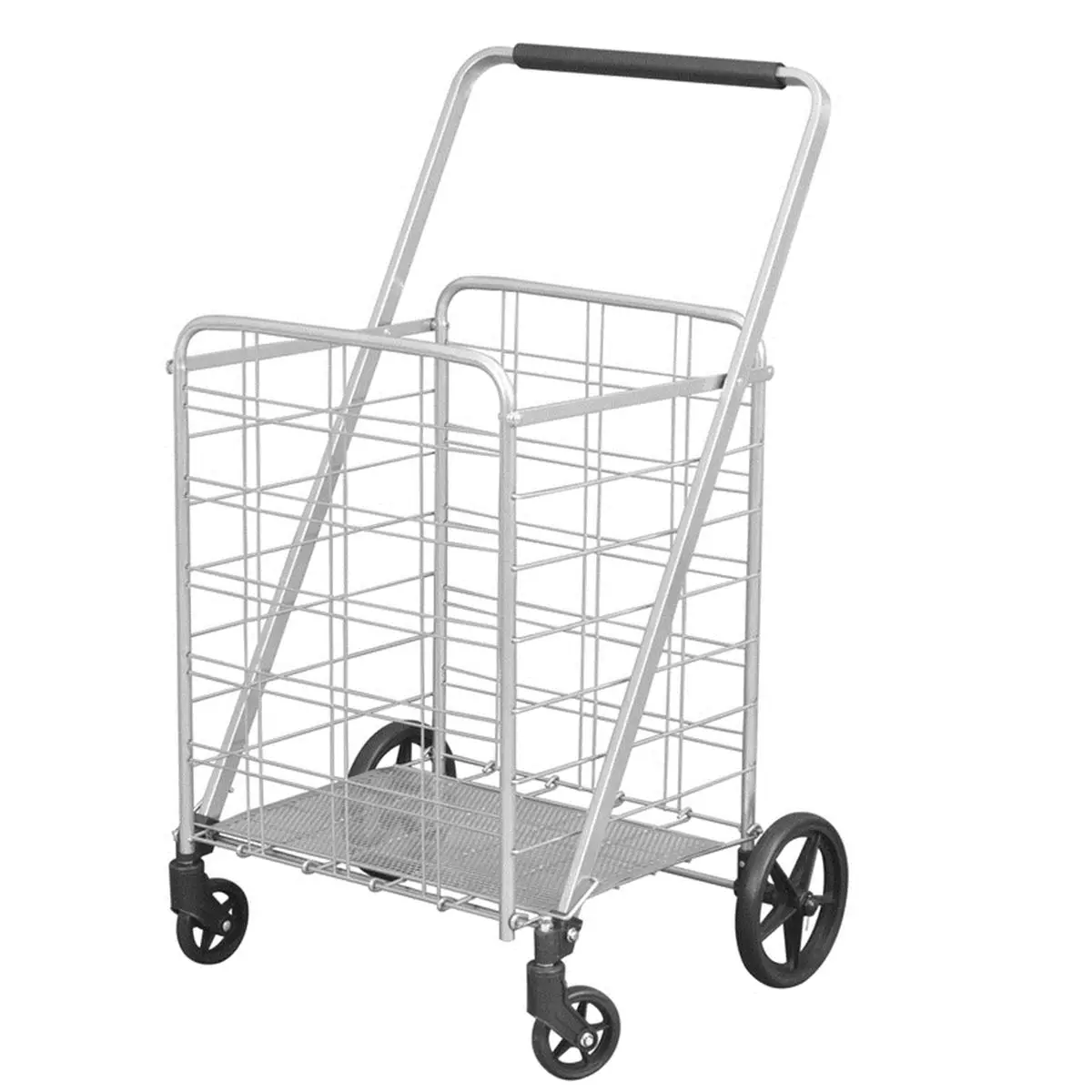 Collapsible Steel Frame Shopping Trolley for Household Users, 40.6x21.5x24.8 in, Silver, 15.4 lbs, Large Rubber Wheels, Foam-Enhanced, Small Space-Friendly Grocery Hauler (Home Improvement Building Supplies Trolley), Sports Equipment