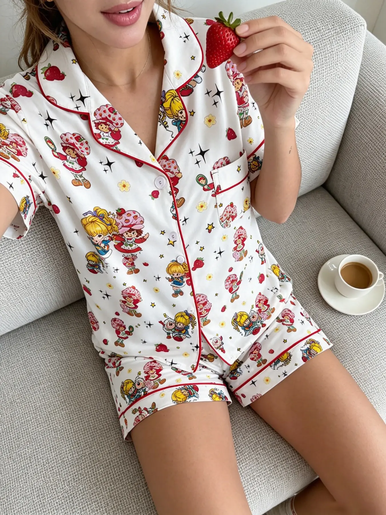 Women's Cute Retro Strawberry Cookie Rainbow Print Pajama Set, Short Sleeve Button-Up Top & Shorts, Soft Breathable Sleepwear, Casual Home Loungewear Pjs, Loungewear And Homewear, Pj Sets
