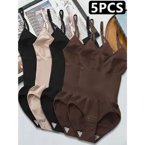 5pcs Women's Seamless Shapewear Bodysuit with Abdominal Compression & Hip Lifting - Tummy Control, No Padding, Stretchy Nylon-Spandex Blend, Black/Brown/White/Beige/Navy Blue, Perfect for Travel & Casual Attire, Comfort Undergarme