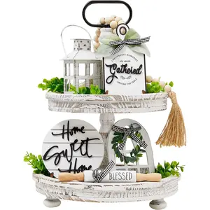 Set of 16 Farmhouse Tiered Tray Decor with 1 Lantern Artificial Plant& Cutting Board Sign for Rustic Home Kitchen Decor Tier Tray Decor Set (Tiered Tray Not Included)