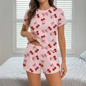 Women's 2-Piece Polyester Crew Neck Crop Short-Sleeve Pajama Set - Red Cherry & Pink Bow Print, Elastic Waist Shorts, Soft Knit Fabric, Cute Comfy Day Sleepwear & Loungewear