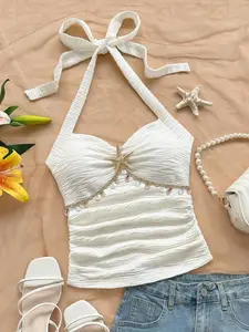 Women's Stylish Aesthetic Casual Fitted Spring Summer Halter Top, Unique Textured Shell Lace Star Button Design, Comfortable Versatile Vest for Daily Wear, Statement, Lookbook Style, Brunch Outfit, Essential