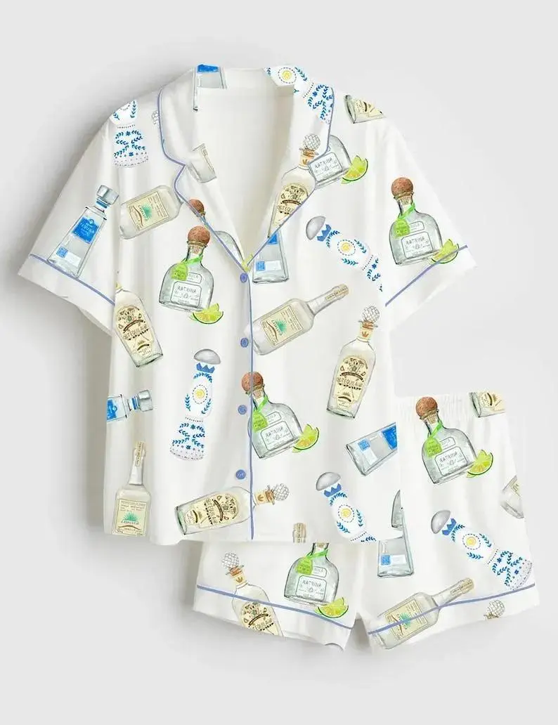Funny Tequila Print Womens Pajama Set Loose Comfy Short Sleeve Button Shirt Shorts Summer Sleepwear Bachelorette Party Girls Trip Cinco de Mayo Nightwear