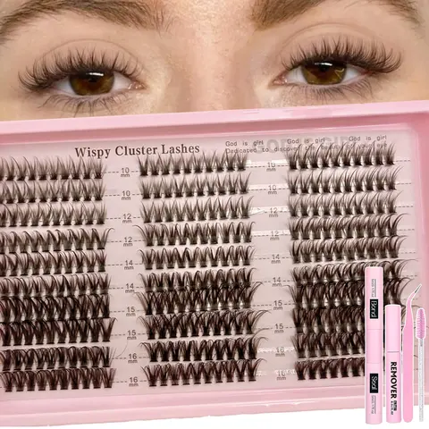 BROWN 300pcs Eyelash Extension Kit, Eyelash Clusters Kit, Natural Cluster Lashes 10–16mm, Includes Applicator, Glue, Tweezers and Remover, DIY Home Use, Individual Eyelash Kit, Individual False Eyelashes, DIY Eyelash Extensions, Eyelash Extension Set