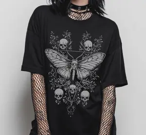 Gothic Floral Skull Moth T Shirt Goth Graphic Tee Alternative Grunge Emo Unisex Streetwear Cotton