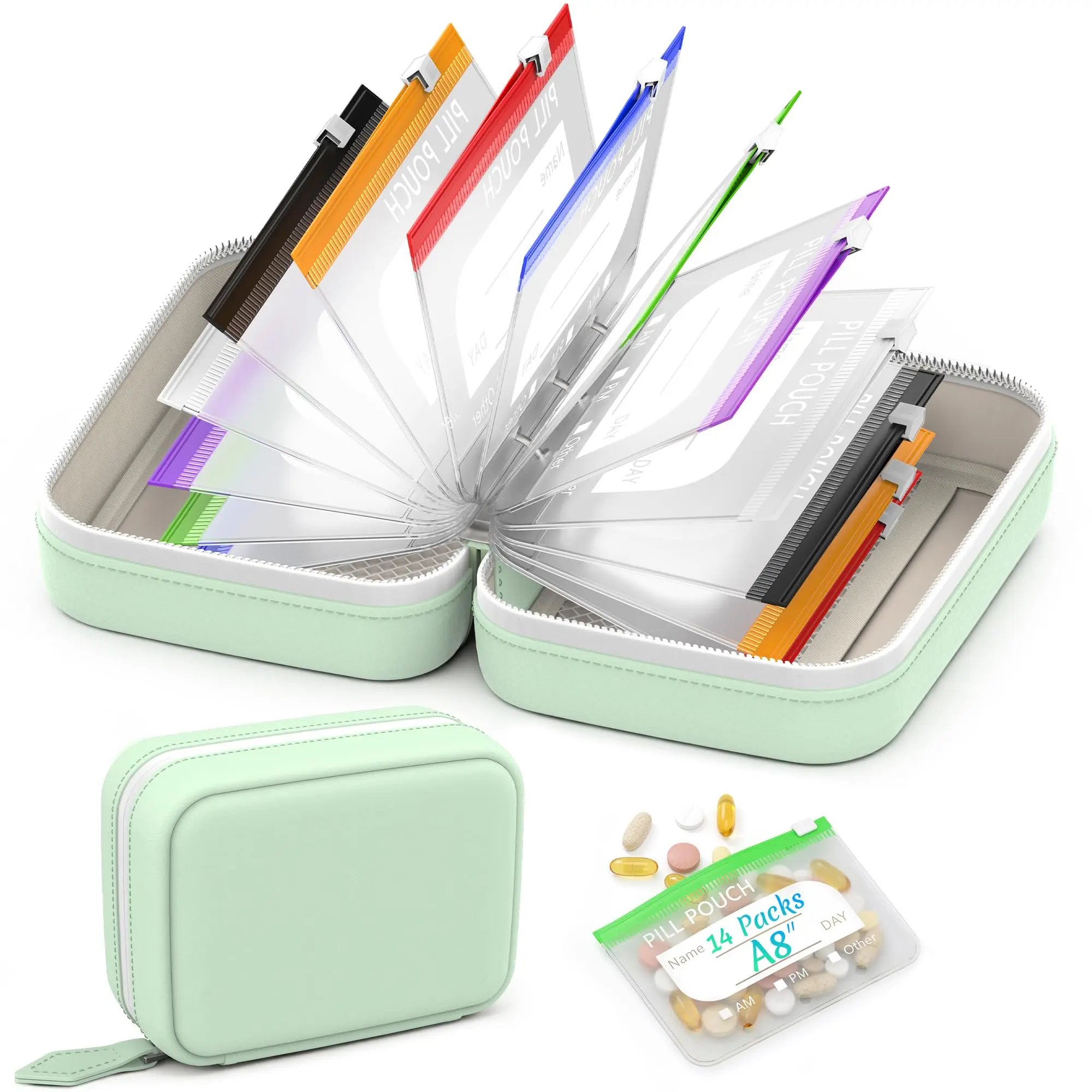 A8 PU Leather Supplement Organizer - 14 Color-Coded Reusable Waterproof Zippered Pouches, Large Weekly Medical Storage, Portable Vitamin Solution for Travel Needs, Medical Organizer