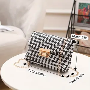 Stylish Houndstooth Pattern Crossbody Bag with Golden-Tone Chain Strap, Black & White Checkered Design, Large Capacity Handbag, Detachable Shoulder Strap, Twist Lock Closure - Perfect for Casual Outings, Casual Crossbody Bag | Decorative Zipper | Bag