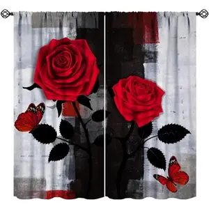 Red Rose Butterflies Curtains, Abstract Modern Art Black Grey Red Vintage Oil Painting Window Treatments for Living Room Girls Bedroom, 42x45 Inch (No Blackout)