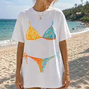 Hand-drawn contrasting polka-dot bikini Vitality Unisex Plus Size Summer Graphic Tees Personalized Pattern Y2k Clothing Round Neck Short-Sleeved Cotton T-Shirt, Women's Clothing 100% Cotton, Menswear, Top, Vintage Style, Casual Oversized