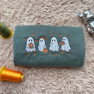 Embroidered Spooky Fall Sweatshirt, Vintage Halloween Pumpkin Spooky Season Sweater, Ghost And Pumpkin Crewneck, Halloween Gifts