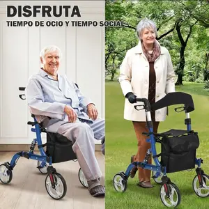 2-in-1 Rollator Walker and Transport Chair for Seniors, Folding Mobility Aid with Seat, Brakes, Backrest, Footrests & Large Wheels for Adults