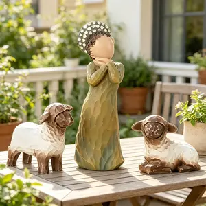1Pcs Resin "Shepherdess with Lambs" Figurine Set, 3-Piece Nativity Style Shepherd Girl and Sheep Statues, Warm Rustic Farmhouse Sculpture, Religious Home Decor for Christmas, Nativity Displays & Christian Gifts