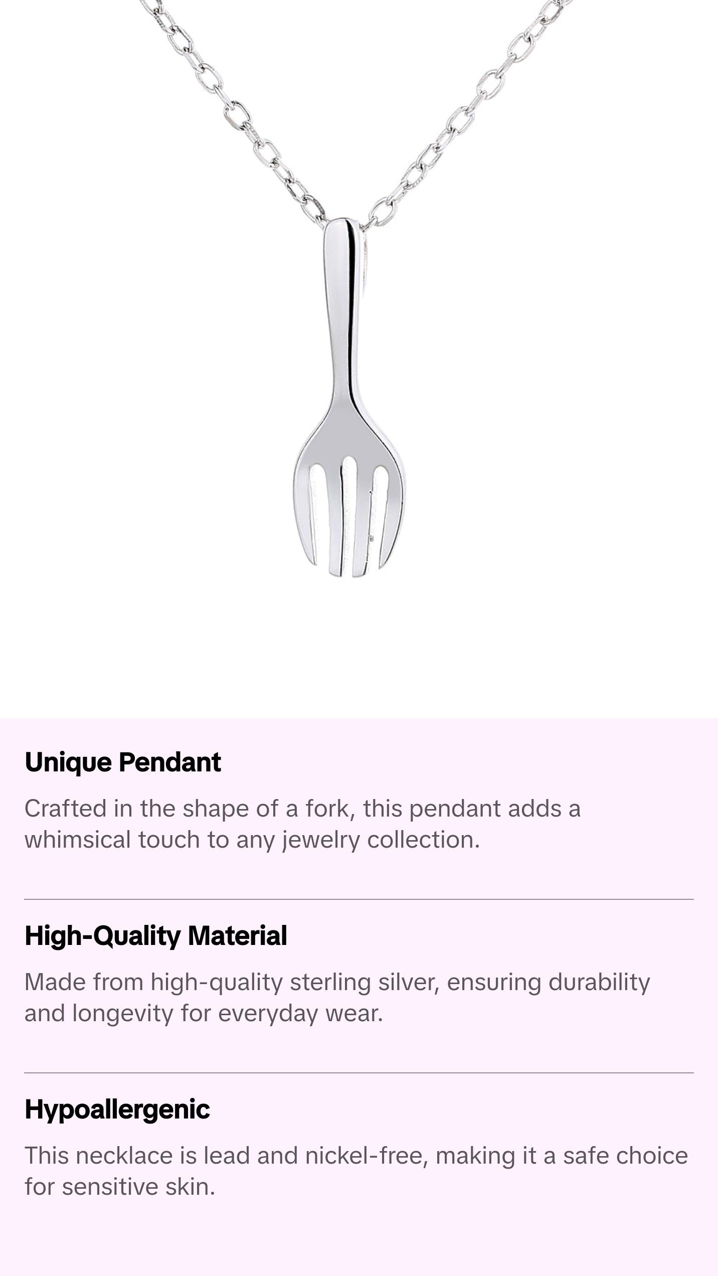 Amy & Annette Sterling Silver Fork Pendant Necklace with Simple Design and Chain