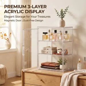3-Layer Clear Acrylic Display Cabinet with Magnetic Door, Freestanding Storage Organizer for Home & Store
