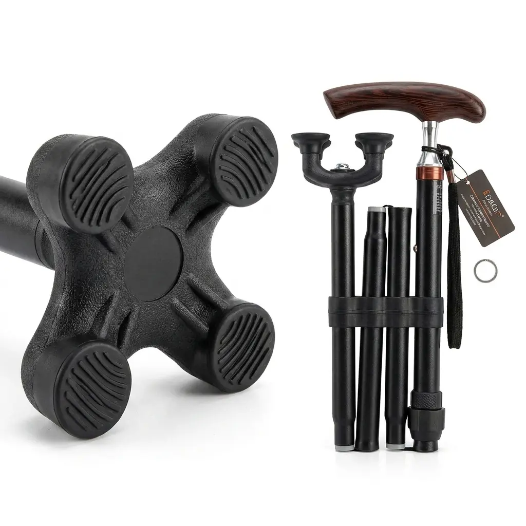 Foldable Quad Cane for Seniors, 4-Prong Walking Stick with Wood Grain T-Handle, Adjustable Height, Self-Standing, Lightweight Mobility Aid for Men & Women