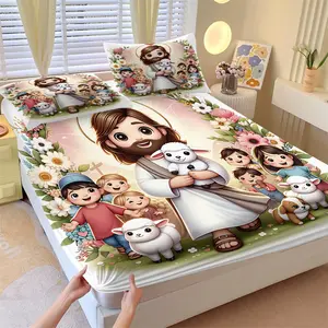 Cartoon Jesus Theme Fitted Sheet Set, Chibi Jesus, Child and Little Lamb Mattress Protector, Soft Anti-Slip Wrinkle-Resistant, Religious Bedroom Decor, Gift Choice, 1 Mattress Cover and 2 Pillowcases No Core